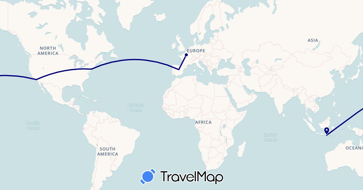 TravelMap itinerary: driving in Spain, France, Indonesia, United States (Asia, Europe, North America)